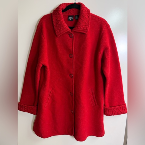 Nordic Design 100% Boiled Wool Jacket Red Cable Knit Trim XL - Picture 2 of 7